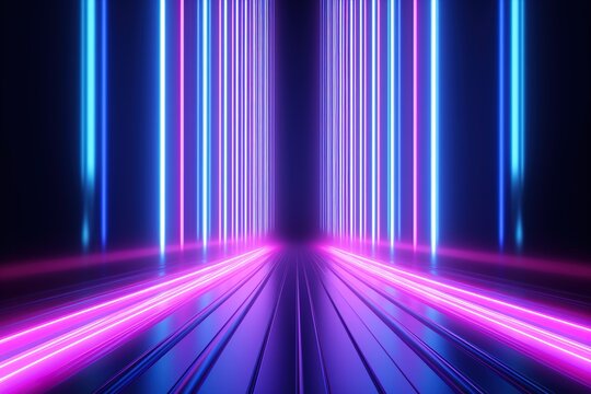 3d render, abstract minimal background, vertical pink blue neon lines, glowing in ultraviolet spectrum.