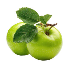 Two vibrant green apples, slightly overlapping, with fresh green leaves and stem