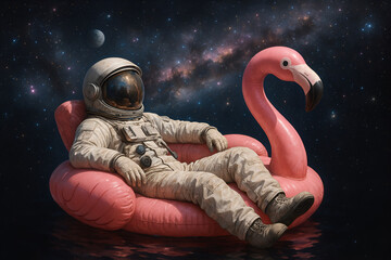An astronaut sitting calmly on an inflatable flamingo float in outer space, surrounded by stars.