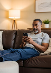 Man is relaxing on his sofa, browsing on his smartphone