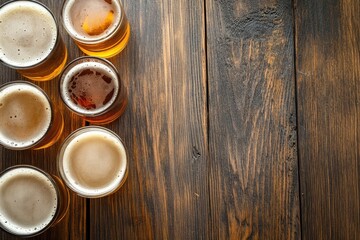 Overhead view of several craft beer glasses with foam on rustic wooden table, perfect for brewery promotions, pub advertising, Oktoberfest events, and beverage branding