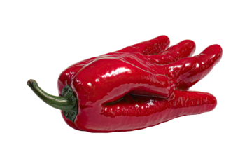 A vibrant red pepper shaped like a hand.  Its glossy skin reflects light, and its five fingers curve outward.  A stem emerges from the top