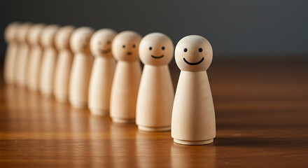 A line of wooden figures with smiles, one standing out in front, concept of leadership and individuality