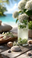 A glass filled with a mint garnish sits on a wooden table next to a plate of nuts, with a serene beach and palm trees in the background