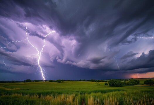 Dark storm clouds brewing, powerful lightning bolts illuminating the landscape, rage, thunder