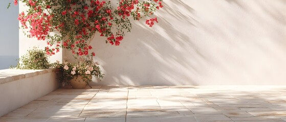 Mediterranean Patio with Vibrant Red Bougainvillea, Sunlit Stone Floor, and Textured White Wall in Summer Sun