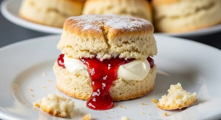 Delicious cream tea with freshly baked scones jam and cream on a white plate
