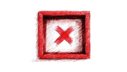 Red square frame with a red 'X' inside.  Hand-drawn style