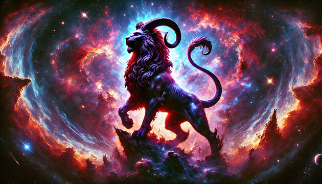 chimera surrounded by glowing nebula clouds in space.