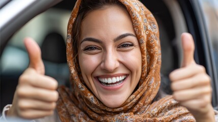 Woman in headscarf gives thumbs up while sitting in car, showcasing happiness and positivity on a sunny day