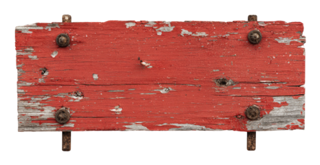 Worn, horizontal, red wooden sign.  Peeling paint,  light gray wood showing through in places,  rustic,  old,  with  small  metal  bolts