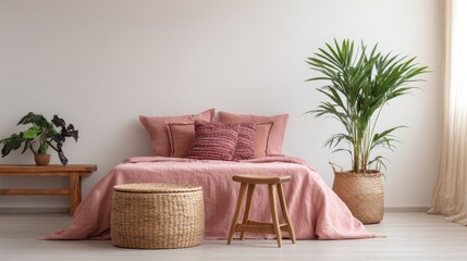 cozy feminine bedroom with pink bed decorative cushions and plant on a wooden stool standing against white empty wall real photo with a place for your furniture no logos no brands ar 169