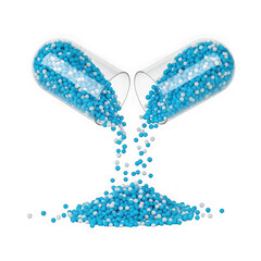 Open capsule spilling blue and white beads isolated on transparent background, representing medicine, health, and treatment