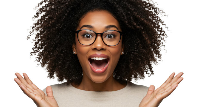 Young mixed-race woman, mid-20s, dark curly hair, black-framed glasses, hands cupped, wide open mouth in intense delight on a white background. Concept of exciting customer satisfaction