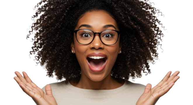 Young mixed-race woman, mid-20s, dark curly hair, black-framed glasses, hands cupped, wide open mouth in intense delight on a white background. Concept of exciting customer satisfaction