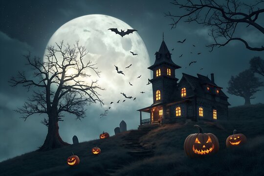 halloween background with pumpkin and bats - Powered by Adobe