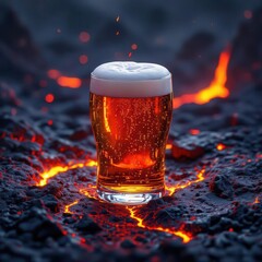 Frosty beer glass standing boldly amidst glowing volcanic terrain.