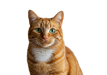 Obraz premium A ginger domestic short-hair cat with bright green eyes and a white chest patch, sitting attentively in a minimalist studio with soft high-key lighting, copy space, concept of domestic bliss and
