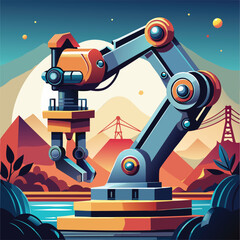 A large industrial robot arm with a detailed design in a landscape setting.