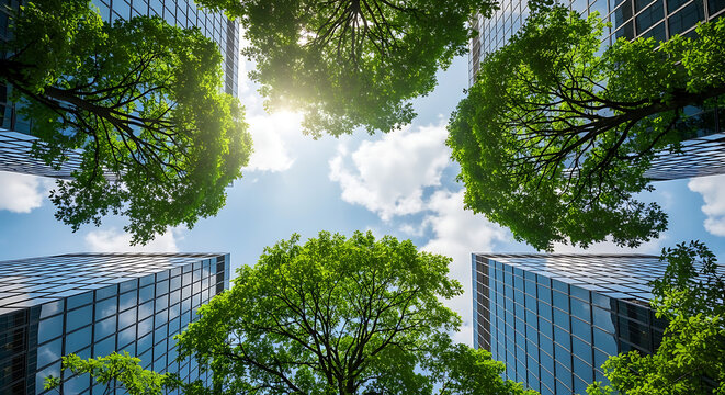 Green trees and modern buildings against a blue sky, symbolizing sustainable urban development