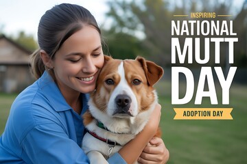 Joyful woman embraces beloved dog, celebrating National Mutt Day and adoption