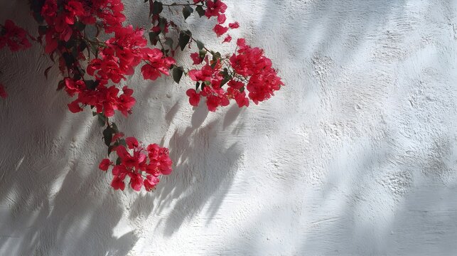 Vibrant Pink Bougainvillea Flowers Against Textured White Wall with Sunlit Shadows