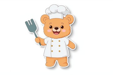 Obraz premium Cute bear chef character holding spatula, wearing chef hat and uniform, ready to cook with cheerful expression