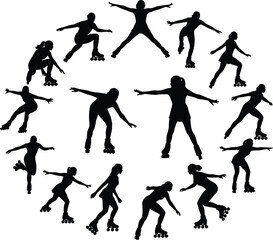 Roller skating silhouettes set, female skater poses collection, inline skating illustration, fitness activity, outdoor sport clipart, skating motion pack