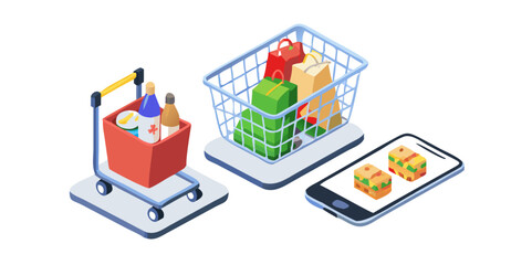 Obraz premium Online grocery shopping set. Shopping basket, bag and trolley cart full of grocery products. Elements for advertising and business marketing. 3D Vector.icon 