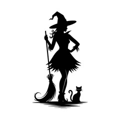 Elegant Witch Silhouette with Cat Vector