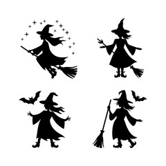 Witch Silhouette Set with Broom and Bats