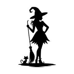 Witch Silhouette with Cat and Broom Vector