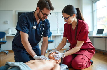 Healthcare professionals in scrubs practice medical procedures on training dummy. Man, woman, both wearing stethoscopes, gloves, demonstrate patient care techniques. Focus on teamwork, hands-on