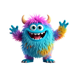 Naklejka premium Colorful furry and cute monster dancing and waving 3D render character cartoon style Isolated on transparent background Png 
