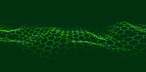 Abstract green particle background. Flow wave with dot landscape. Digital data structure. Future mesh or sound grid. Pattern point visualization. Technology vector illustration.