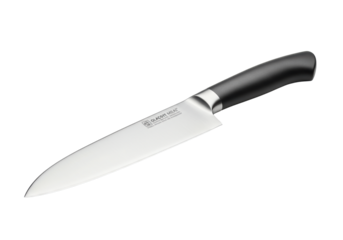 Pristine professional chef's knife with reflective silver stainless steel blade and matte black ergonomic handle on a transparent background, studio shot, high-key. Concept of culinary excellence