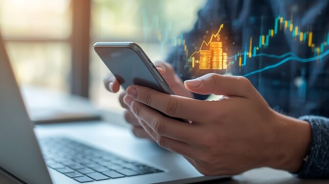 Hand holding smartphone with digital stock market graph and dollar coin icon, representing online trading, investment, and financial technology innovation 
