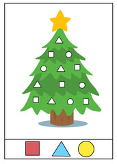 Christmas Tree Worksheet with Shapes Coloring Activity for Kids