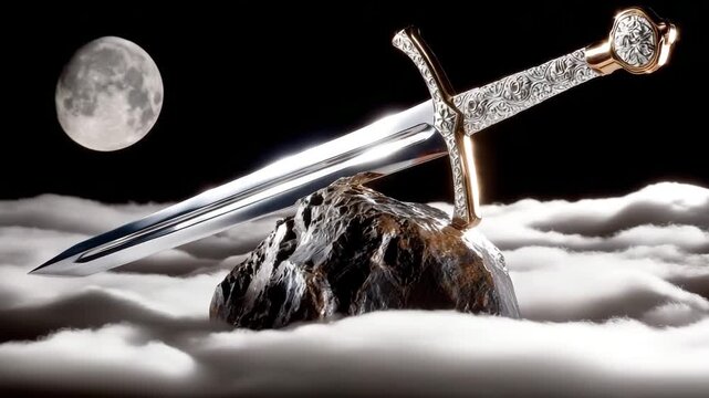 Surreal footage of a majestic sword resembling Excalibur standing on a rock surrounded by clouds. A symbol of strength and power.