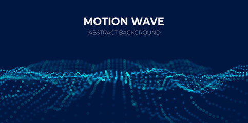 Dynamic blue particle wave. Abstract sound visualization. Flow digital structure. Mesh landscape or grid data technology.