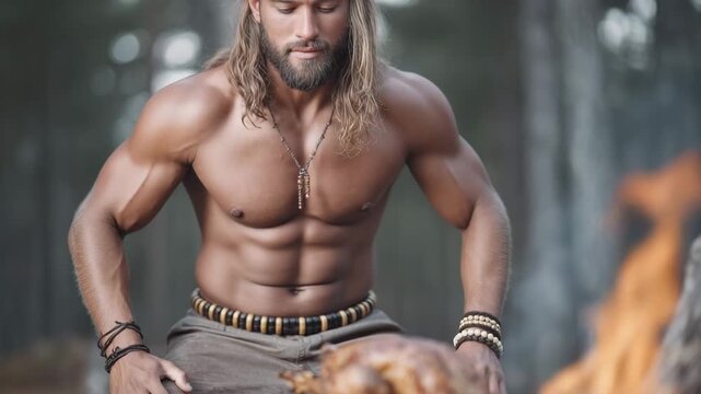 An attractive, muscular man in the guise of a wild warrior or Viking cooks meat over an open fire in the forest.