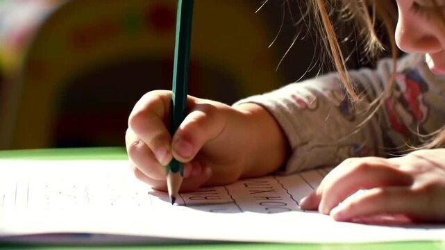 Close-up of a child's hand holding a pencil, writing on a sheet of paper.