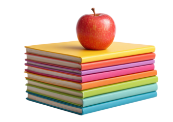 A vibrant stack of colorful books with a red apple atop