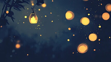 Glowing lantern in a dark forest at night