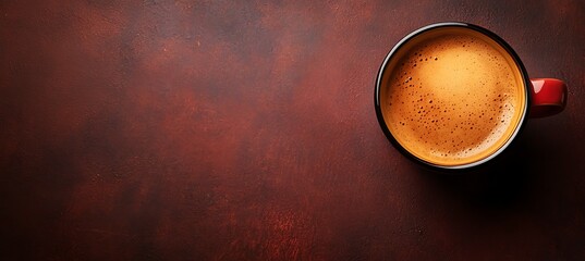 Top view of coffee in red mug on brown surface drink beverage caffeine espresso breakfast morning shot