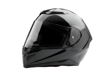 Glossy black full face motorcycle helmet isolated on transparent background