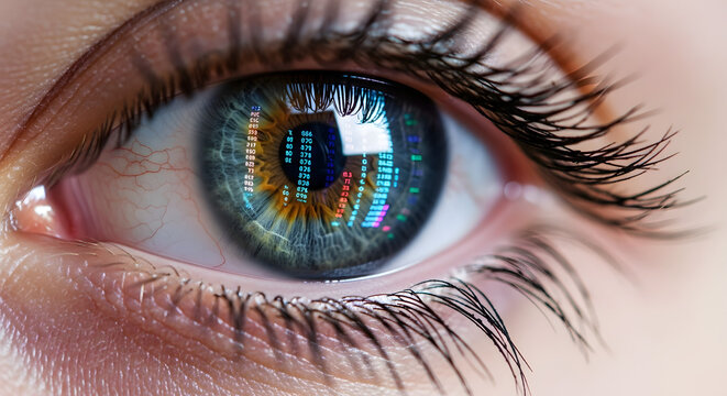  A macro shot of a human eye with a reflection of financial stock market data charts and tickers in the pupil  symbolizing financial analysis  vision  and data-driven insights.