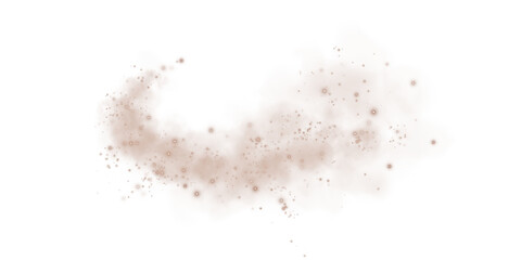 A soft chocolate brown dust cloud drifts through the air, illuminated by tiny glowing particles.
