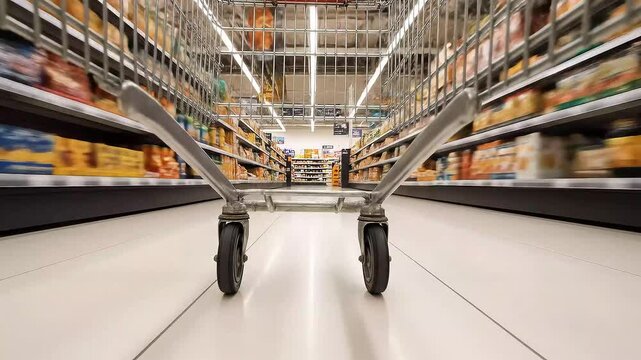 Experience the dynamic rush of navigating a bustling supermarket aisle with this immersive POV shopping cart perspective.