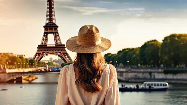 A woman in Paris in a cafe with the Eiffel Tower in the background. Selective focus. happy.